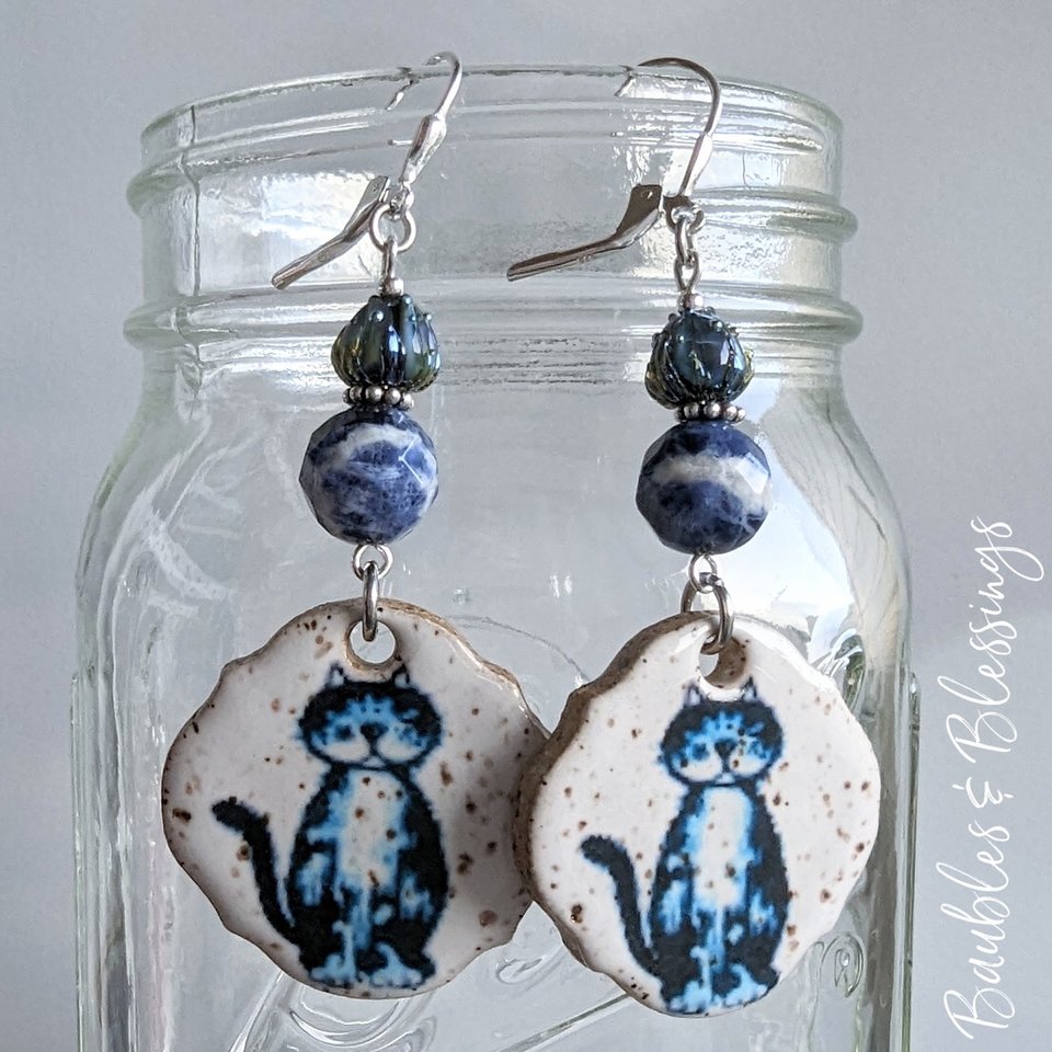 Cat Earrings with Sodalite & Lampwork Flowers