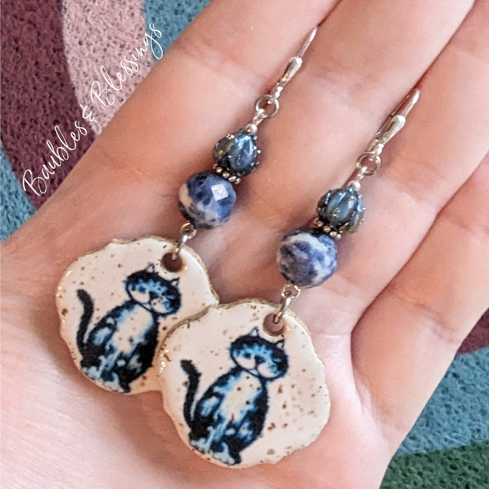 Cat Earrings with Sodalite & Lampwork Flowers