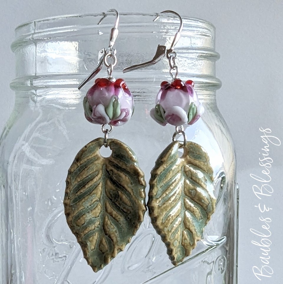 Lampwork Rose Earrings with Ceramic Leaf Charms