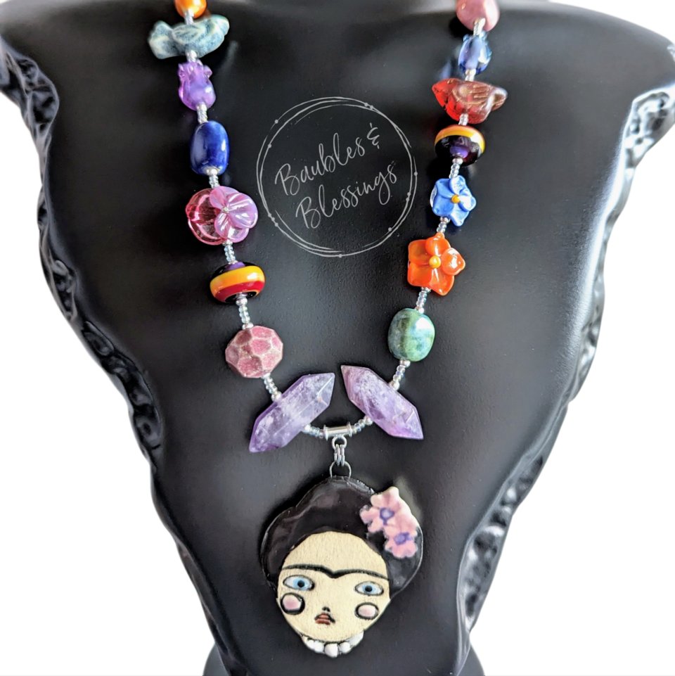 Frida Kahlo Necklace with Handmade Flowers & Ceramic Beads