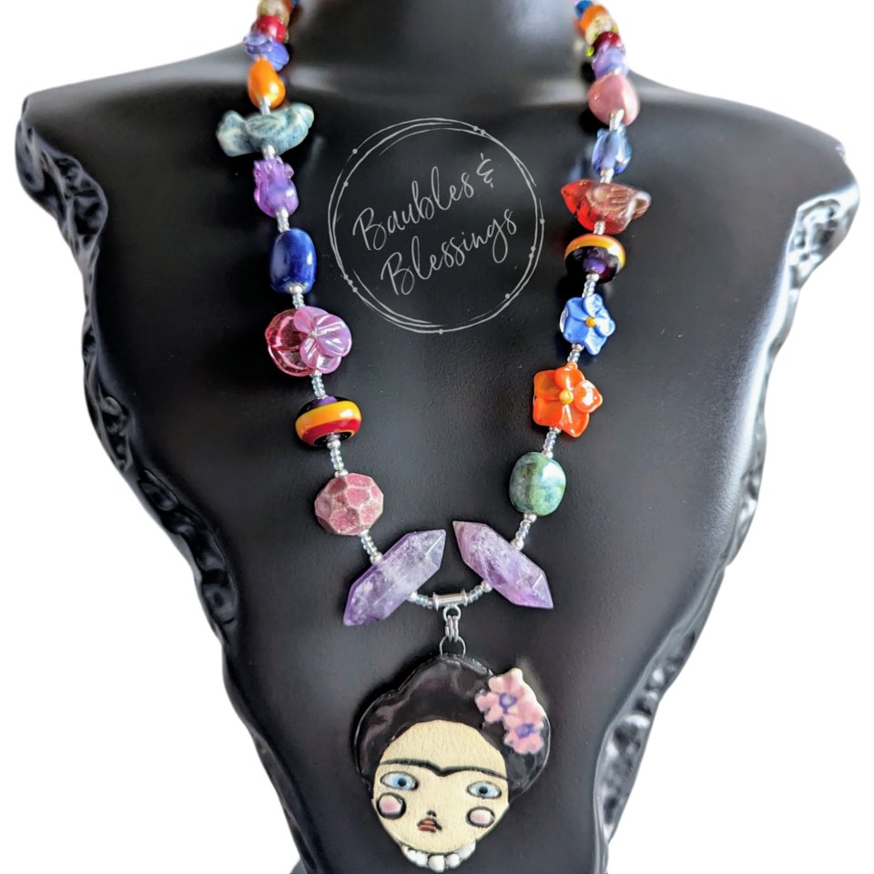 Frida Kahlo Necklace with Handmade Flowers & Ceramic Beads