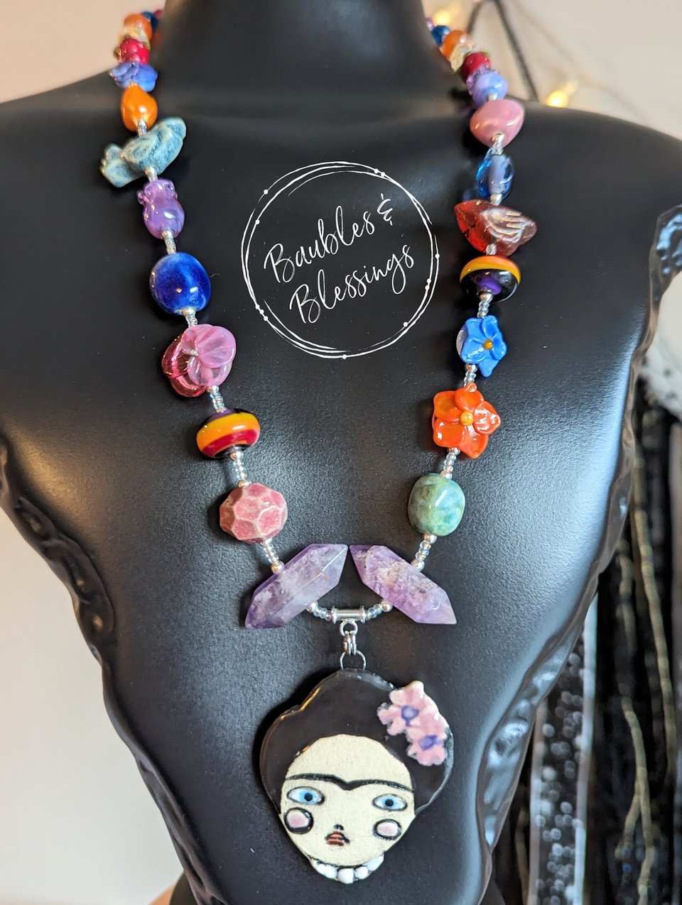 Frida Kahlo Necklace with Handmade Flowers & Ceramic Beads