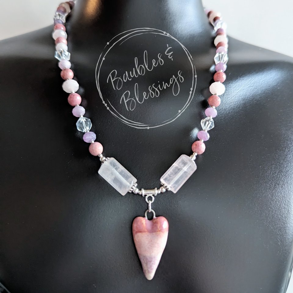Heart Necklace with Rose Quartz, Rhodonite & Lepidolite