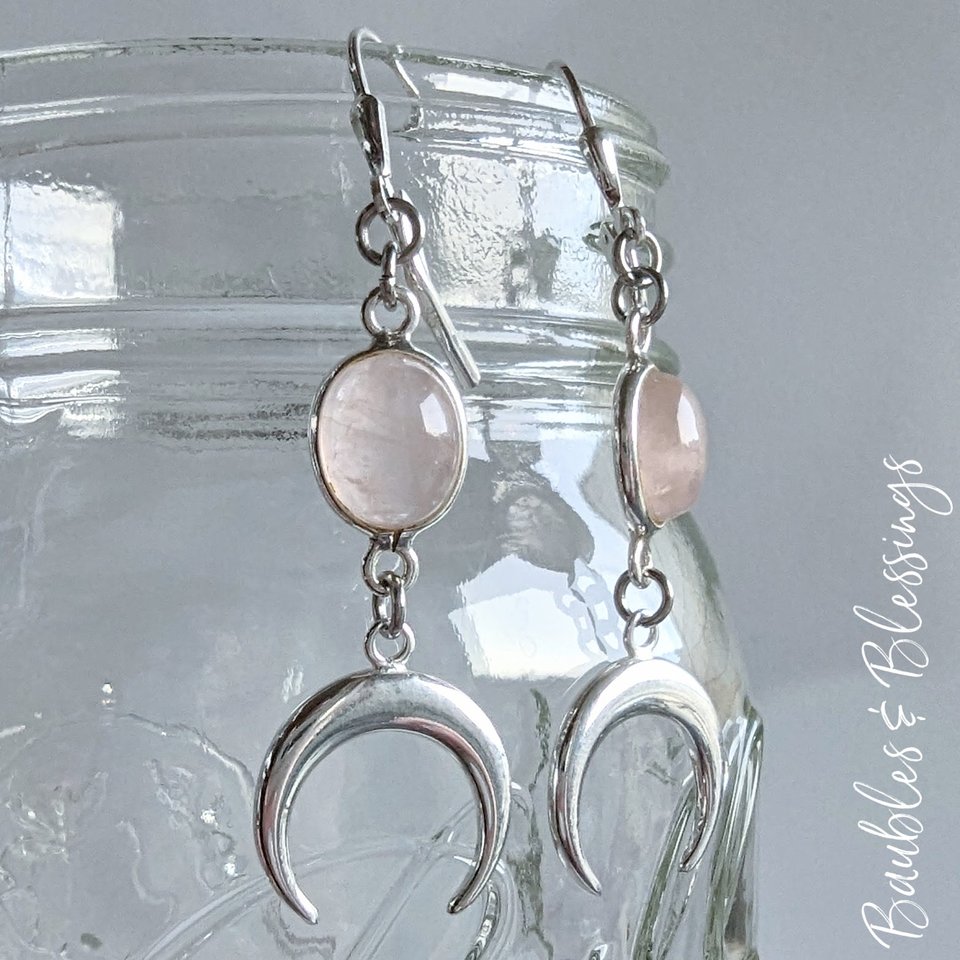 Rose Quartz & Sterling Silver Crescent Moon Earrings