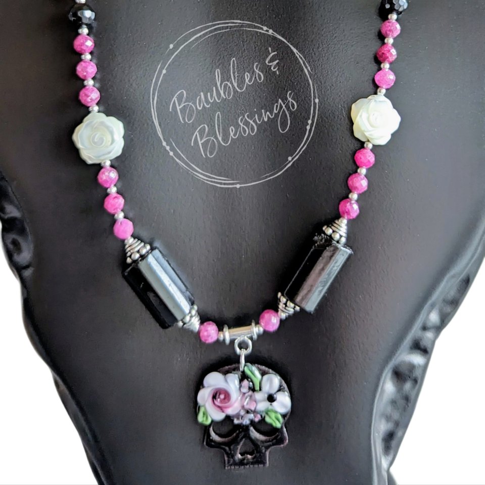 RESERVED for A: DISCOUNTED $75, Sugar Skull Necklace with Ruby, Onyx & Mother of Pearl Roses