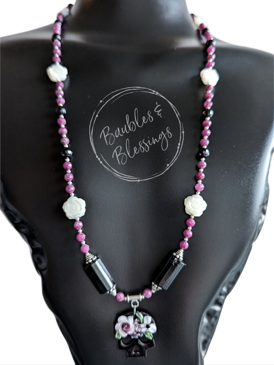 RESERVED for A: DISCOUNTED $75, Sugar Skull Necklace with Ruby, Onyx & Mother of Pearl Roses