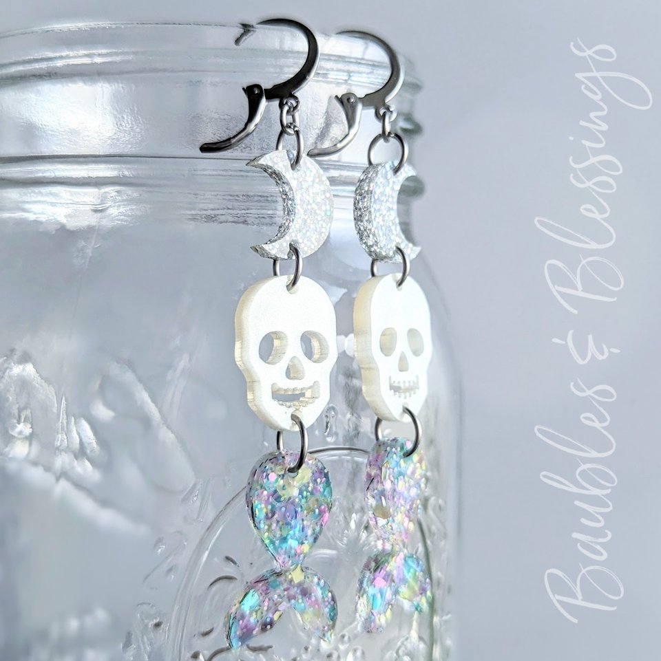 Lightweight Siren Earrings with Skulls & Mermaid Tails