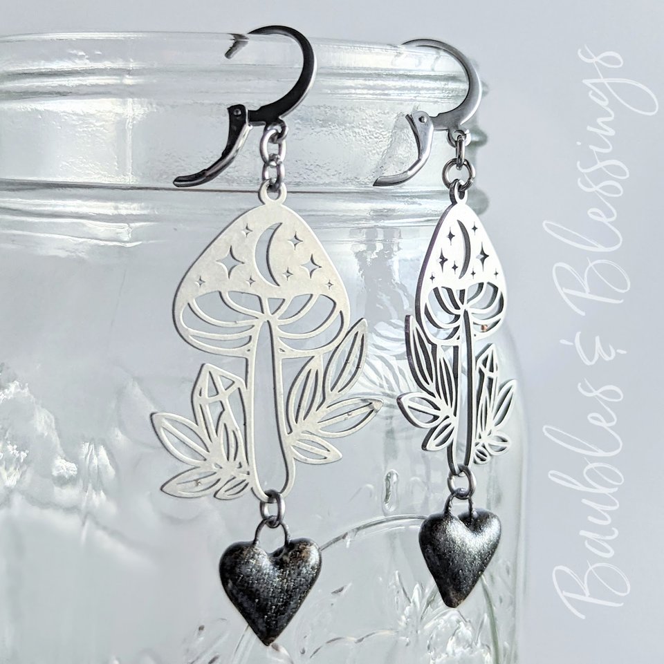 Witchy Mushroom Earrings with Sparkly Ceramic Hearts