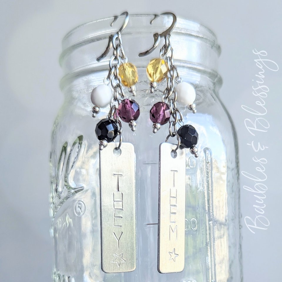 Hand-stamped Pronoun Earrings with Nonbinary Pride Colors