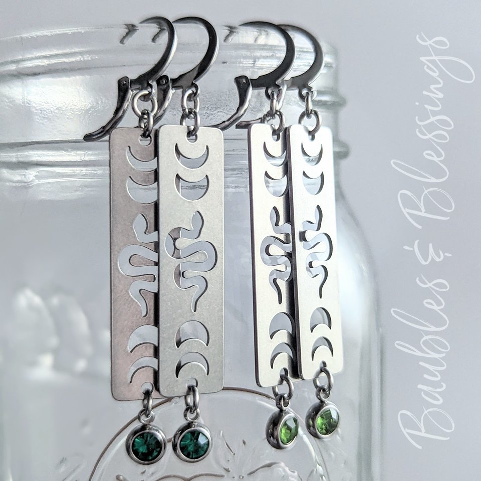 Moon Phase Earrings with Snakes & Green Crystals