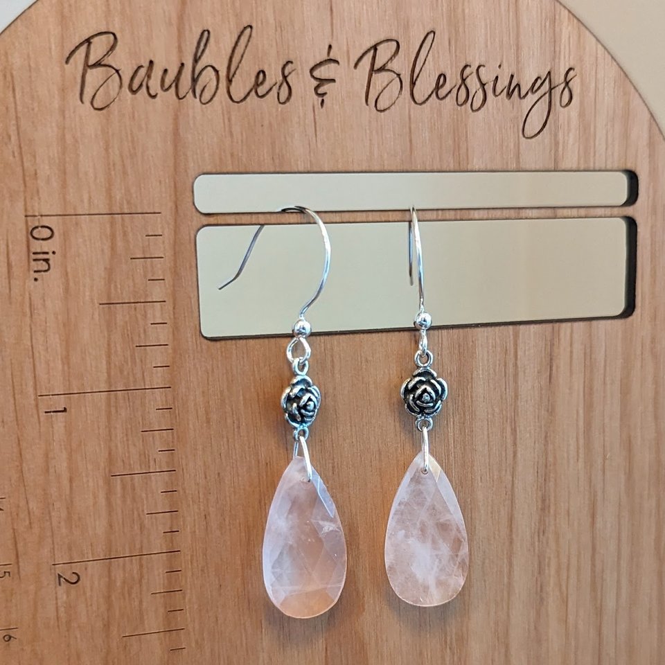 Sterling Silver Rose Earrings with Rose Quartz