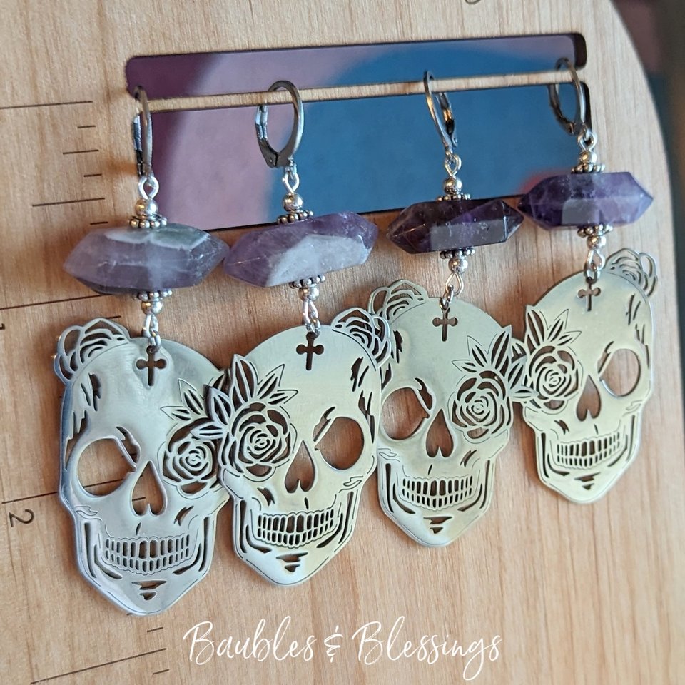 RESERVED for E: Amethyst Skull Earrings