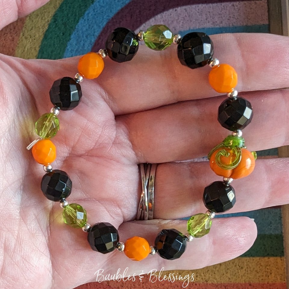 RESERVED for C: Onyx & Czech Glass Pumpkin Bracelet with Sterling Silver