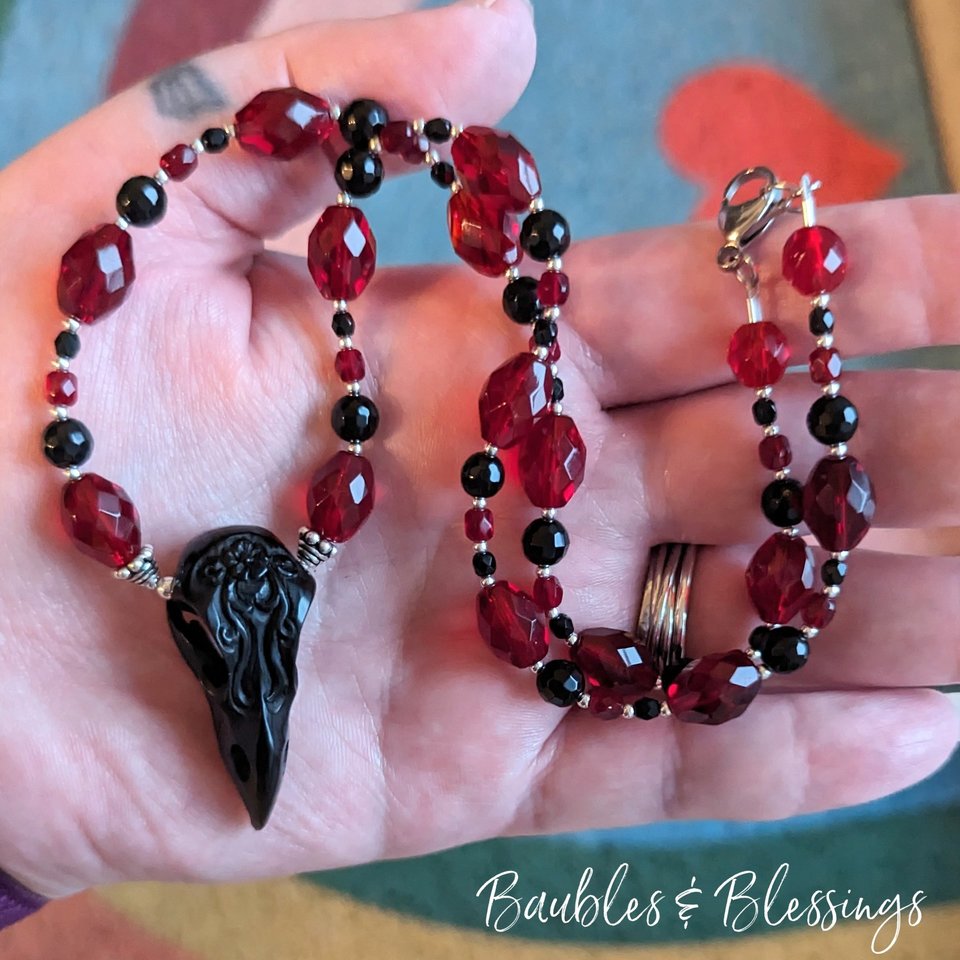 RESERVED for L: Black & Red Raven Skull Necklace 