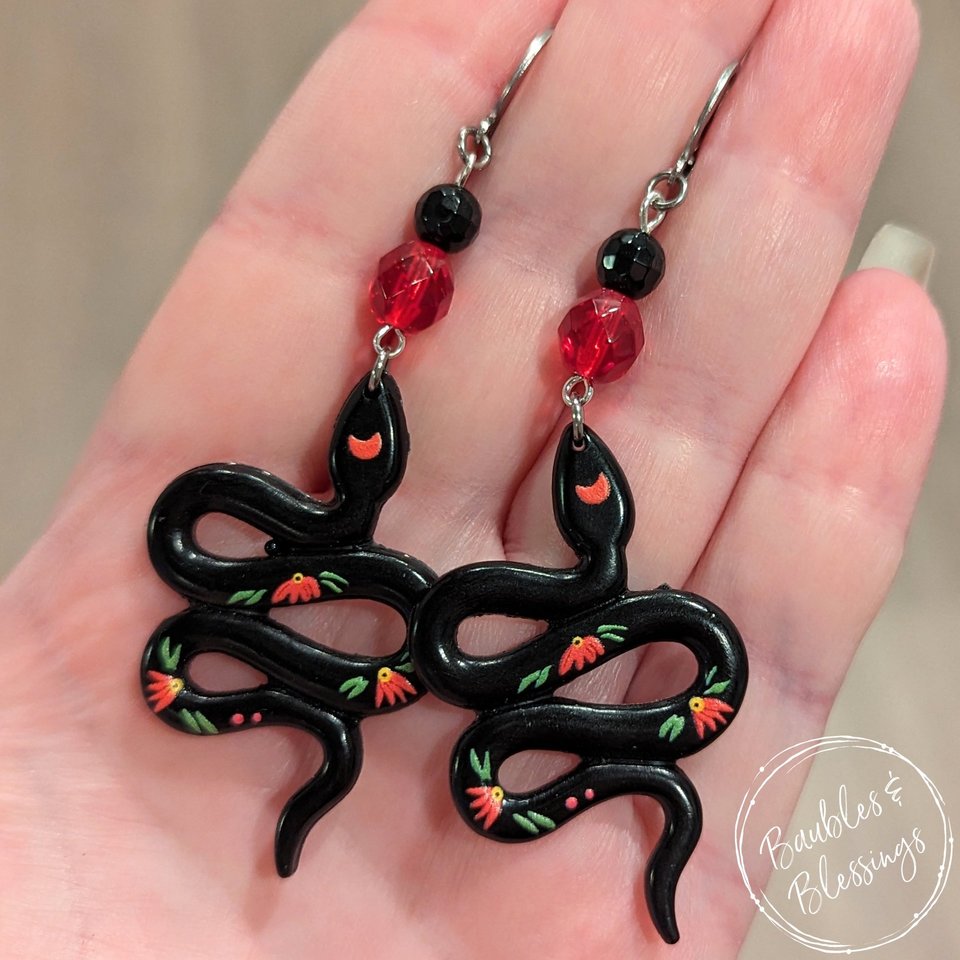 RESERVED for R: Red Floral Snake Earrings