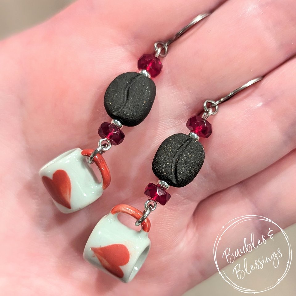 RESERVED for J: Coffee Earrings w/ Hearts