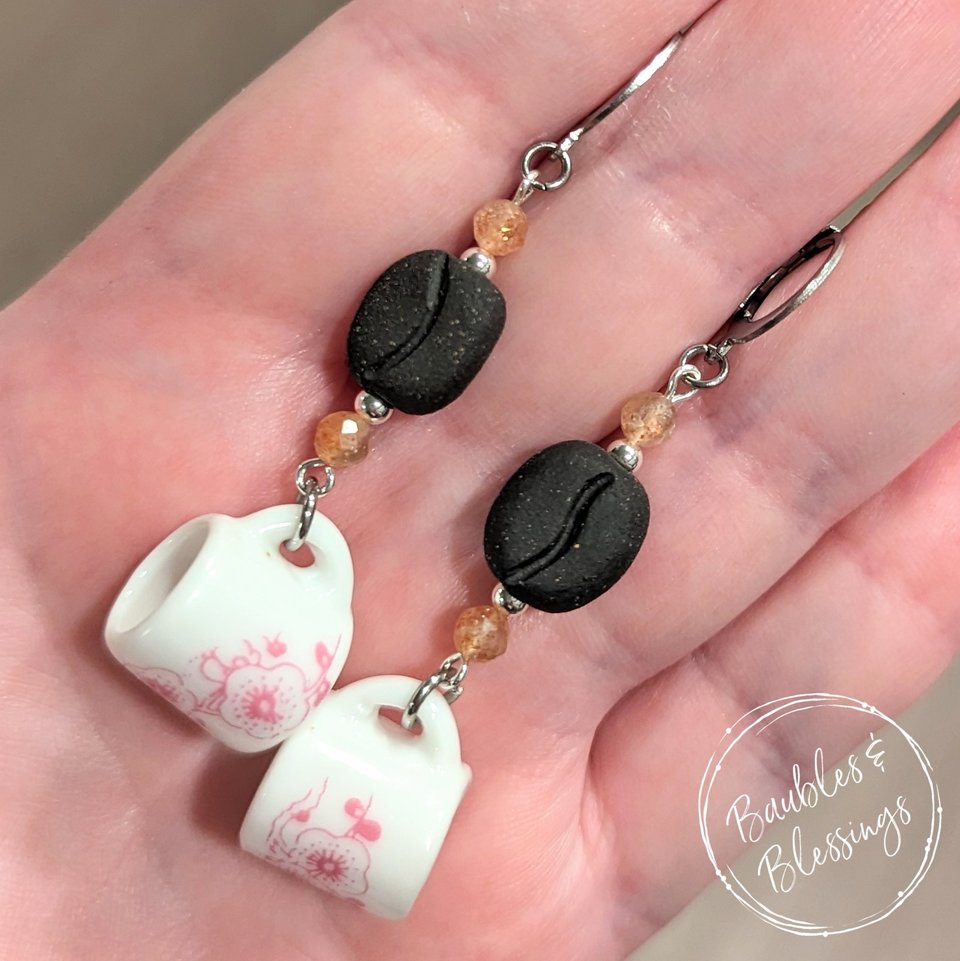 RESERVED for J: Coffee Earrings w/ Pink Flowers