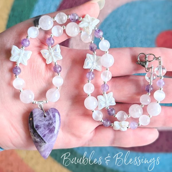 Selenite & Amethyst Heart Necklace with Czech Butterflies