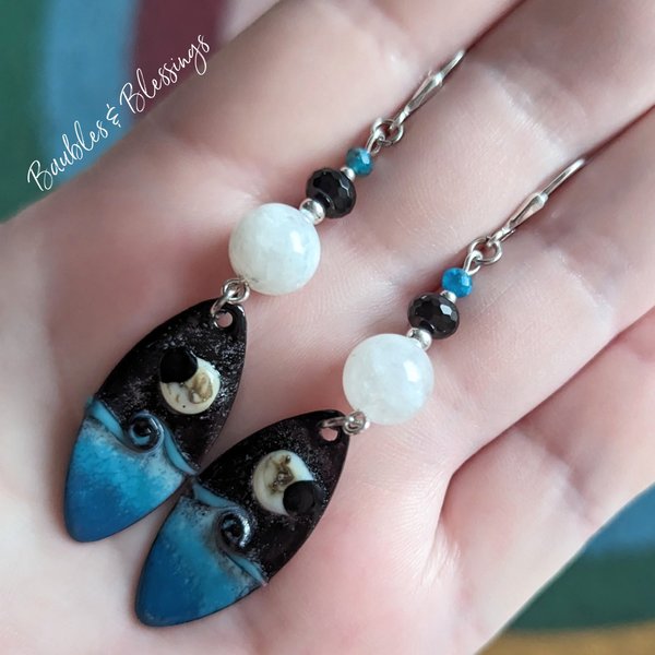 RESERVED for F: Enameled Crescent Moon Earrings