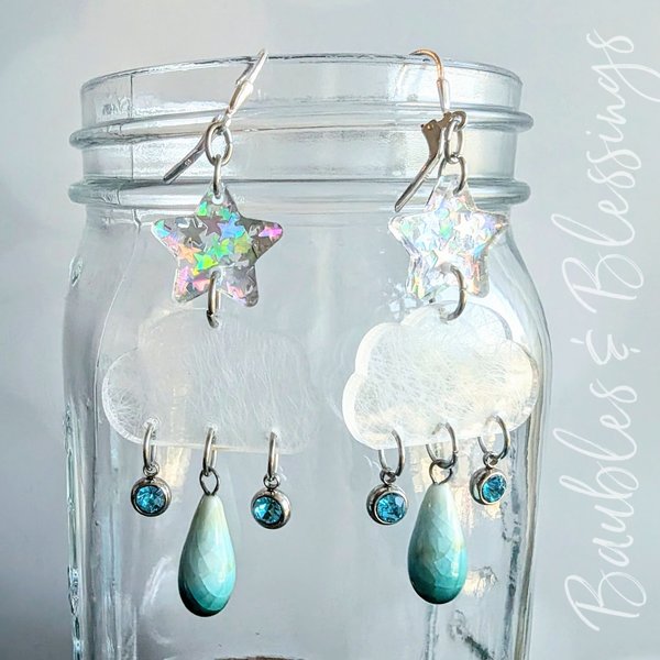 Cloud Earrings with Ceramic Raindrop & Holographic Stars