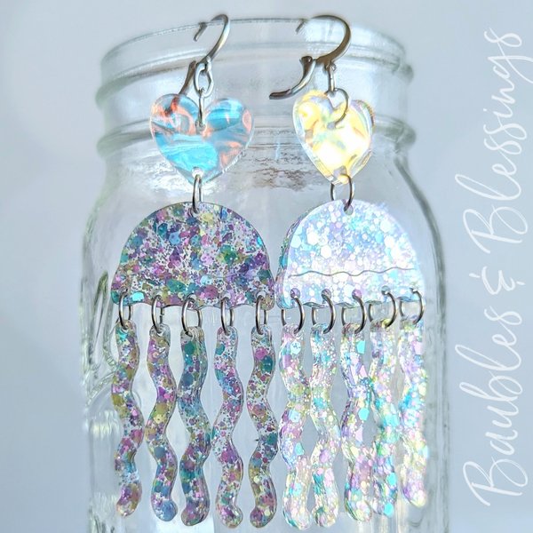 Mermaid Glitter Jellyfish Earrings with Iridescent Hearts