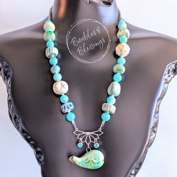 Whale Necklace with Vibrant Amazonite & Ceramic Beads