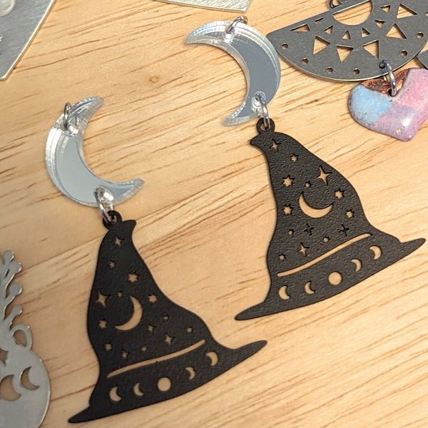 RESERVED for N: Witch Hat & Mirror Moon Earrings + Sterling Leverbacks
