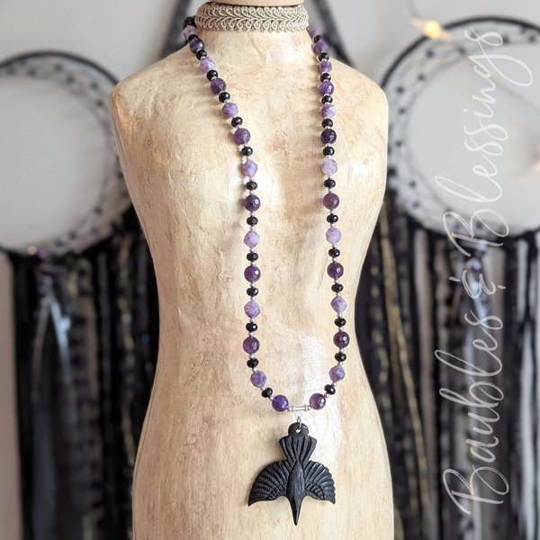 RESERVED for W: Lepidolite & Amethyst Raven Necklace