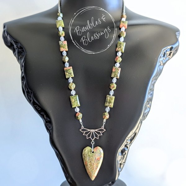 Gemstone Heart Necklace with Unakite & Rose Quartz