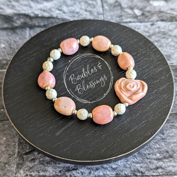 OOAK Pink Rose Bracelet with Riverstone & Ceramic Gaea Beads