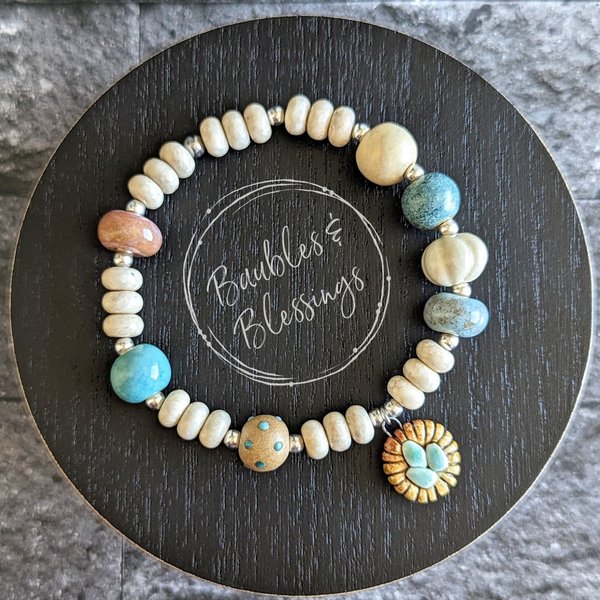 OOAK Robin's Egg Bracelet with Riverstone & Ceramic Gaea Beads