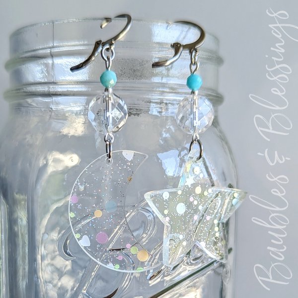Candy Glitter Moon & Star Earrings with Quartz & Apatite