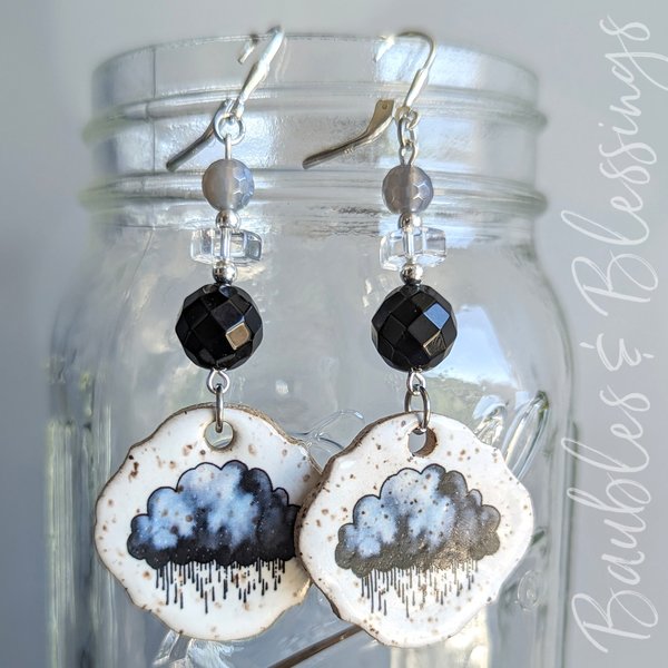 Moody Storm Cloud Earrings with Handmade Ceramic Charms