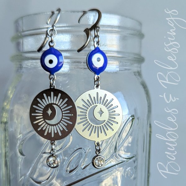 Evil Eye Protection Earrings with Celestial Charms & Clear Crystals