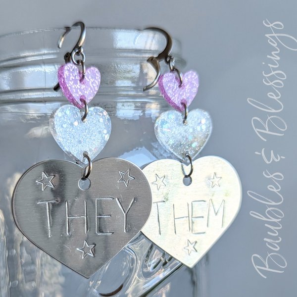 Hand-stamped THEY THEM Earrings with Glittery Hearts