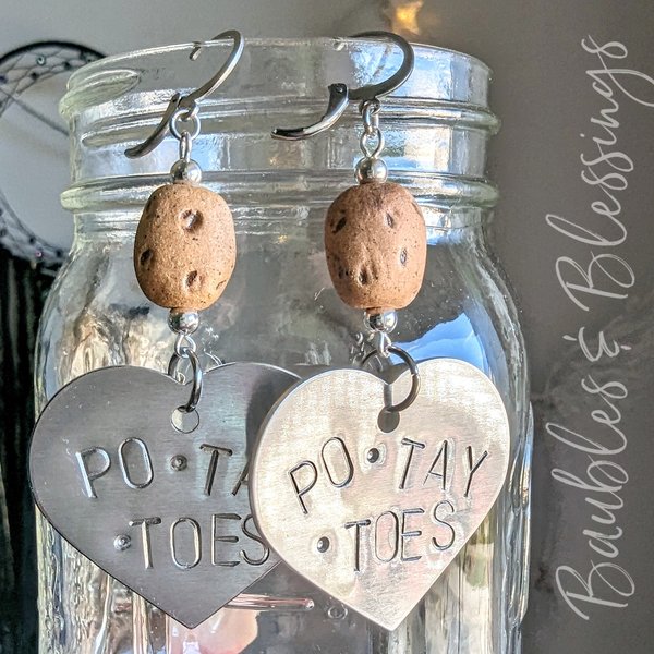Hand-stamped PO•TAY•TOES Earrings with Ceramic Potato Beads