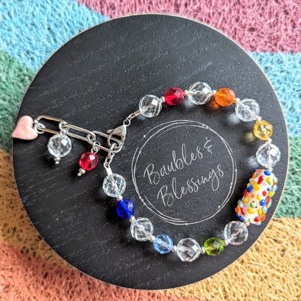 OOAK Rainbow Dots Bracelet with Quartz & Czech Glass Beads