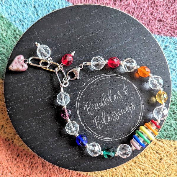 OOAK Rainbow Stripe Bracelet with Quartz & Czech Glass Beads