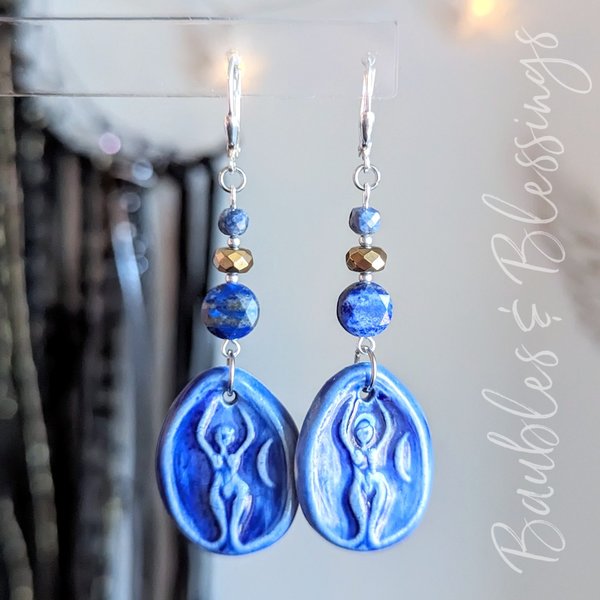 Dark Blue Goddess Earrings with Faceted Lapis & Pyrite