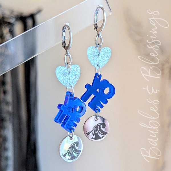 Vote Blue Earrings with Mirrored Acrylic, Glitter & Waves