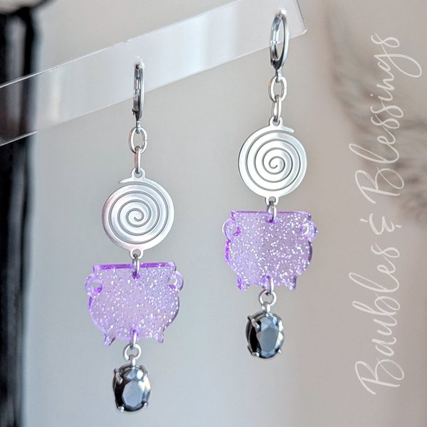 Super Fun Glittery Witchy Earrings with Purple Cauldrons