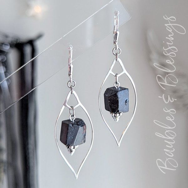 Sterling Silver Marquis and Rough Tourmaline Earrings