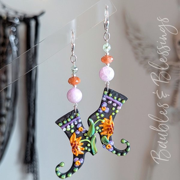 Folksy Witch's Boot Earrings with Lampwork Enameled Charms