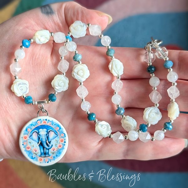 Elephant Necklace with Apatite, MOP & Rainbow Moonstone
