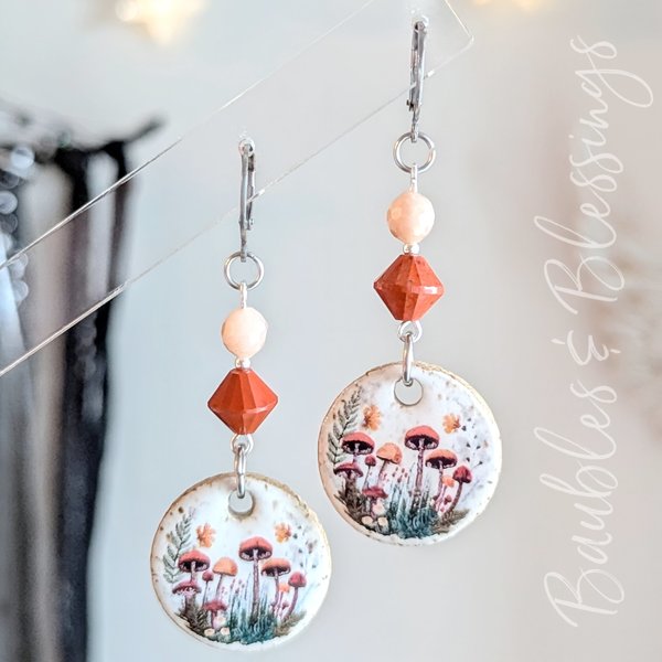 Sweet Li'l Mushroom Earrings with Peach Moonstone