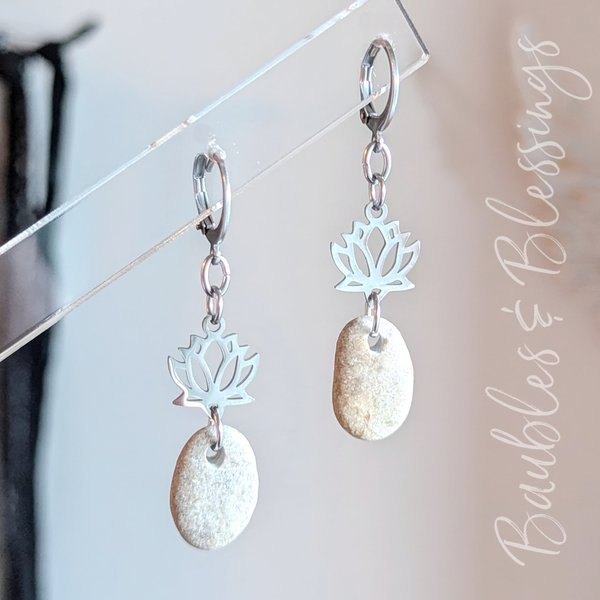 Petite Beach Pebble Earrings with Tiny Lotus Charms