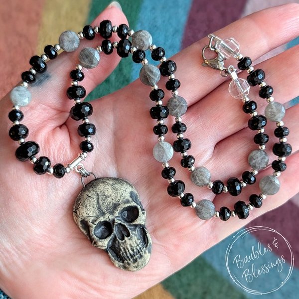 RESERVED for E: Skull Necklace with Onyx & Labradorite