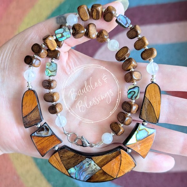 RESERVED for W: Abalone & Wood Bib Necklace