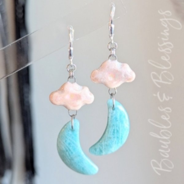 Amazonite Crescent Moon & Ceramic Cloud Earrings