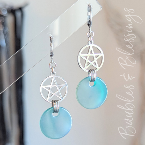 Pentagram Earrings with Green Agate Charms